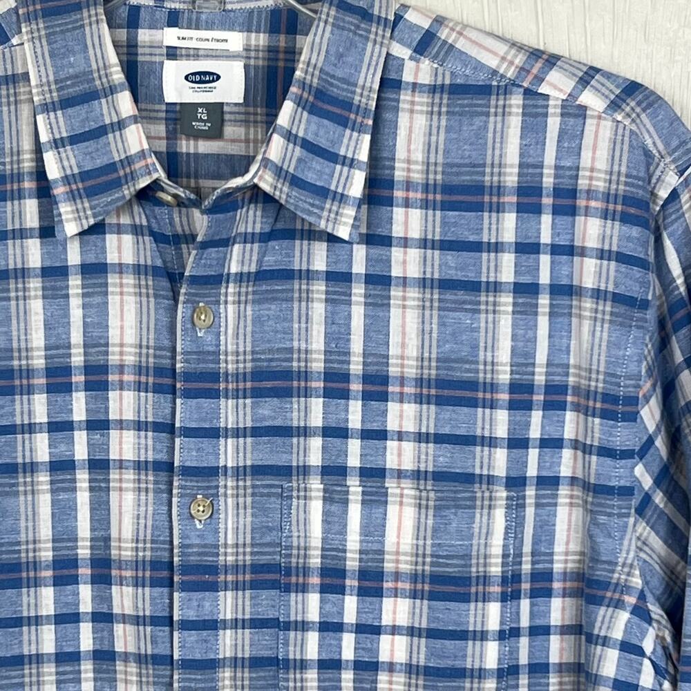 Old Navy Linen shirt men’s XL Slim fit Blue plaid linen/cotton blend long sleeve - Picture 3 of 7